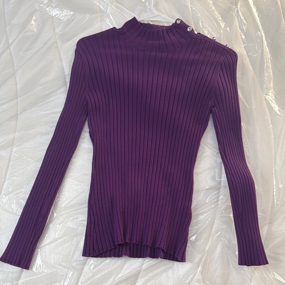 Purple Long Sleeve Ribbed Fitted sweater with Mock Neck